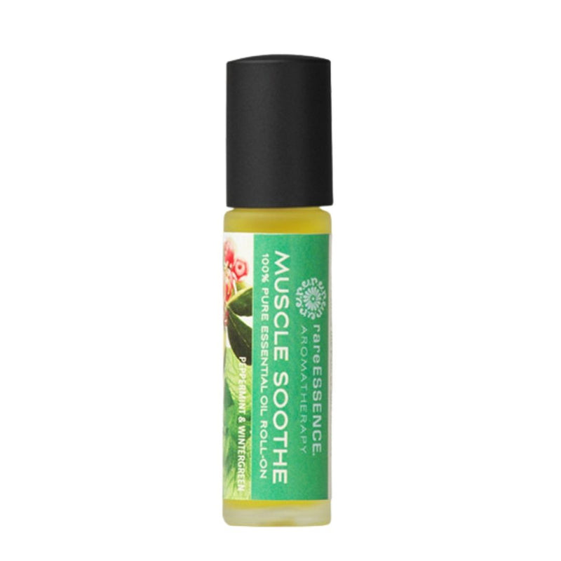 Rare Essence Muscle Soothe Essential Oil Roll on bottle with green label