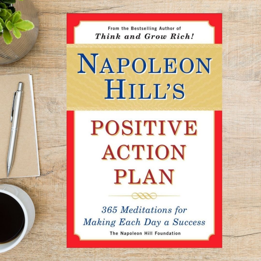 Red & white paperback book, "Napoleon Hill's Positive Action Plan - 365 Meditations for Making Each Day a Success"