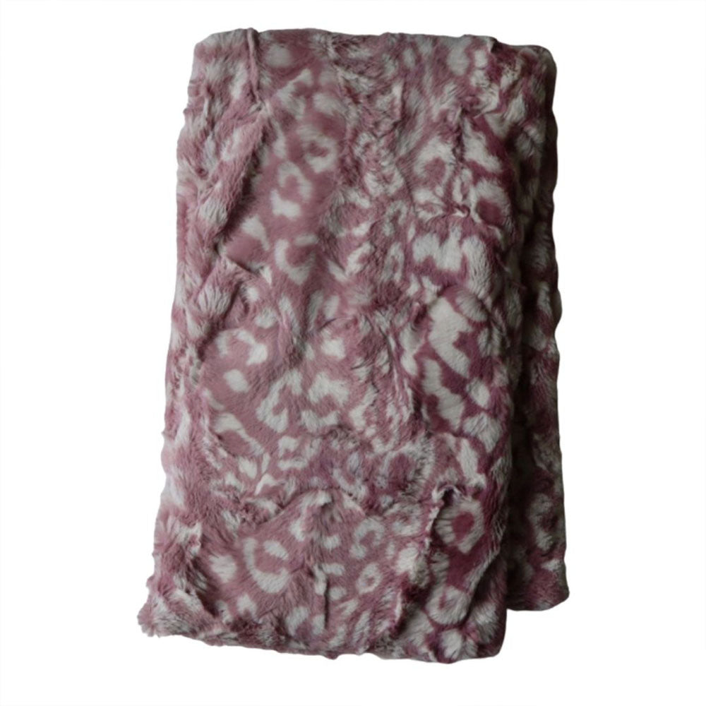 Long, rectangular spa wrap in a faux fur with a lavender and white print like the spots on an ocelot.