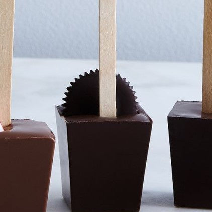 Chunk of chocolate on a stick with a peanut butter cup embedded in the chocolate