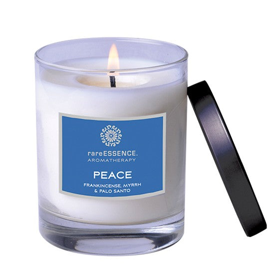 Peace soy essential oil candle by Rare Essence in clear jar