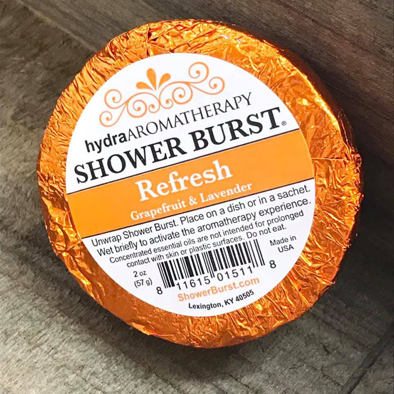 Refresh shower burst disc in orange wrapper