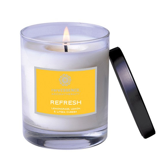 Refresh lemon and lemongrass essential oil soy candle by Rare Essence in a clear glass jar.