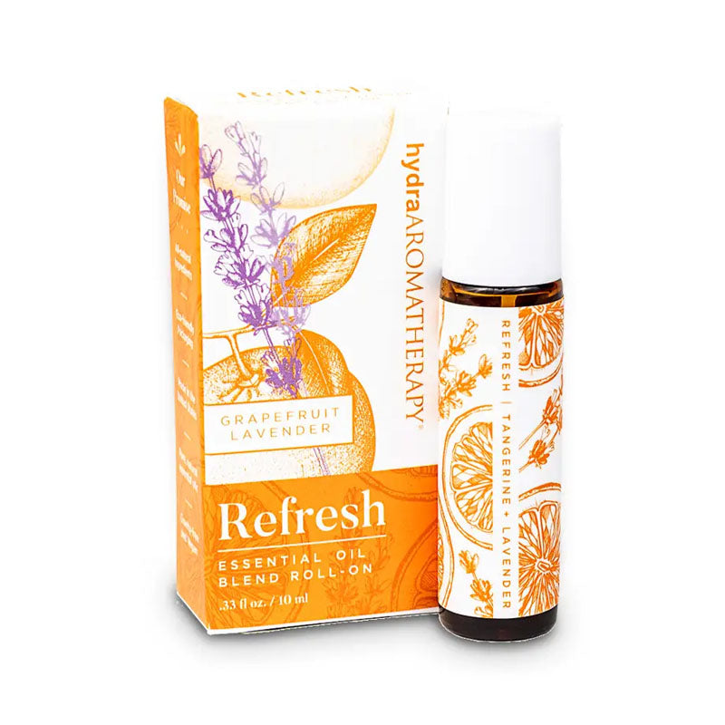 Refresh blend contains grapefruit and lavender essential oils in a roll on bottle decorated with an orange citrus and lavender plant design.