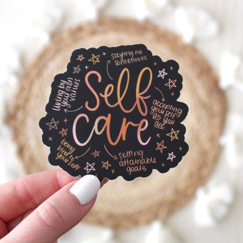 "Self Care" sticker by Elyse Breanne Designs. Black background with stars and self care ideas
