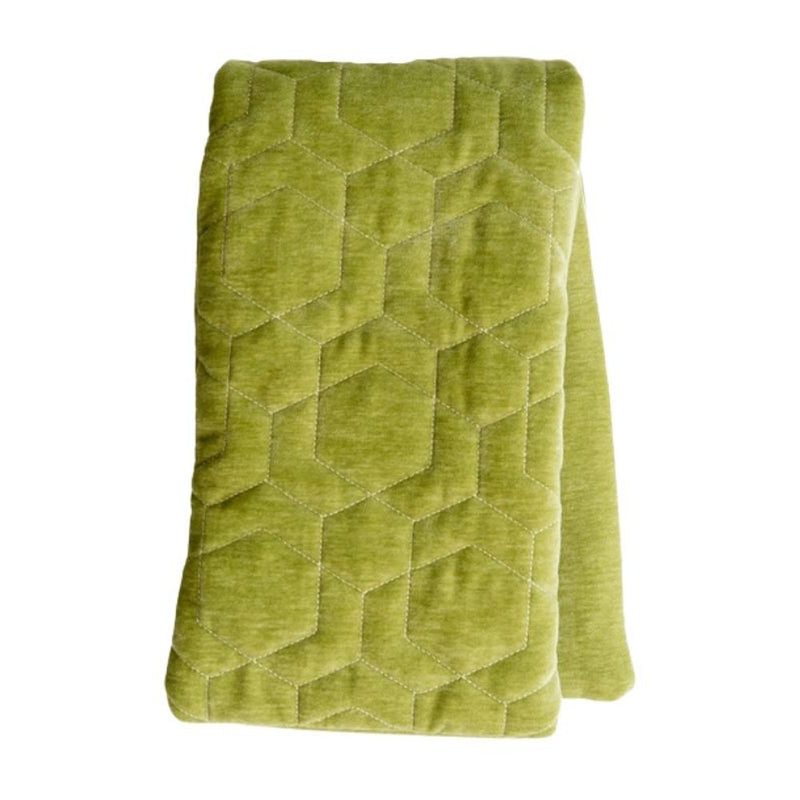 Long, rectangular spa wrap in a velvety citron green color and a geometric pattern stitched in white thread