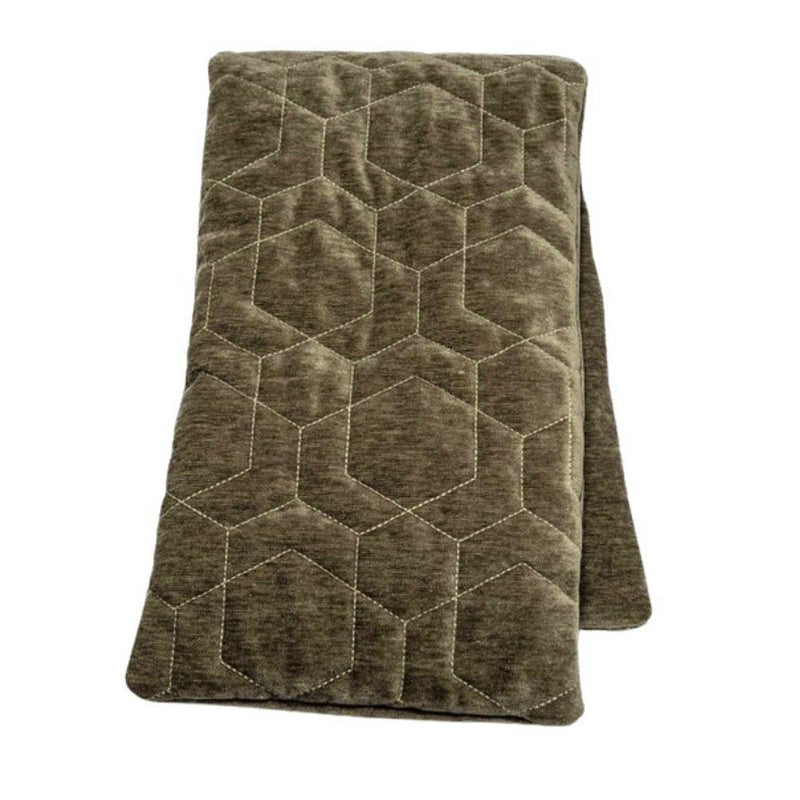 Rectangular spa wrap in a velvety gray fabric with a geometric pattern stitched in with white thread