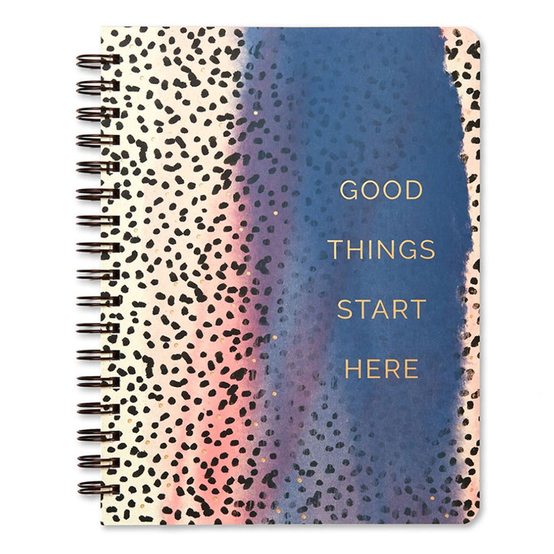 "Good things start here." spiral notebook – white, pink, and blue animal print cover