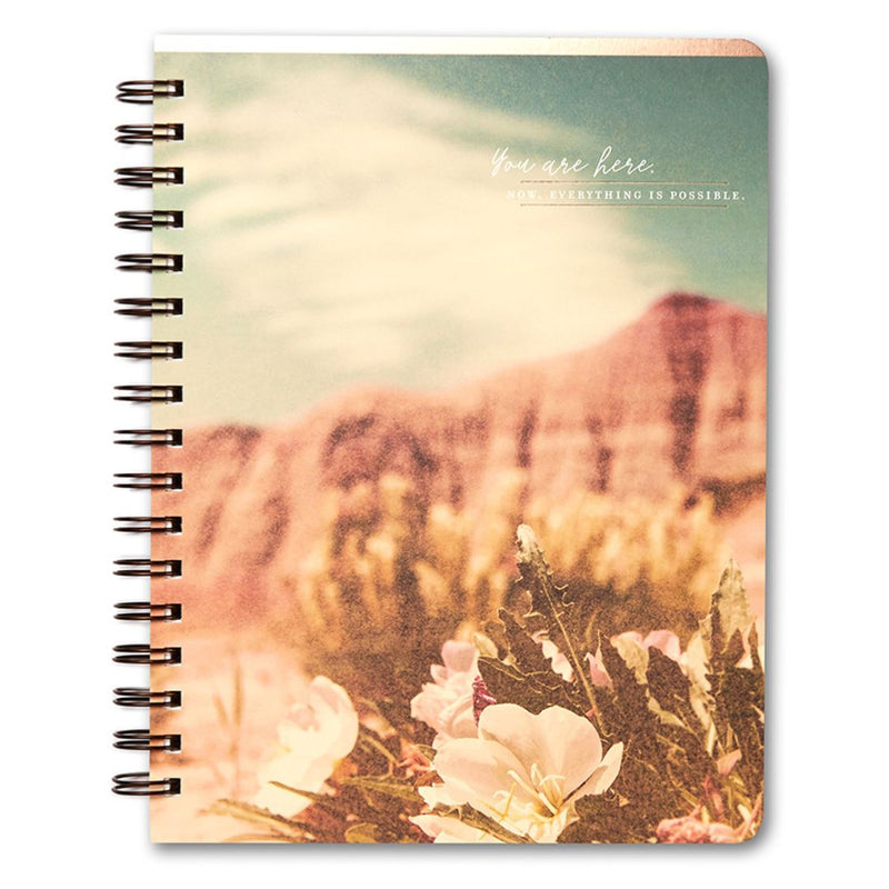"You are here. Now, everything is possible." spiral notebook – earthy desert scene with blooming cactus