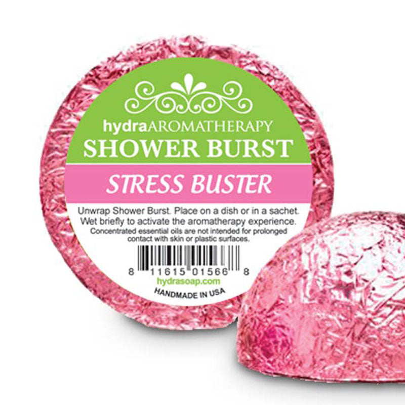 Stress Buster shower burst in a shiny pink wrapper
