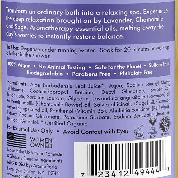 Ingredient label for Stress Less bubble bath