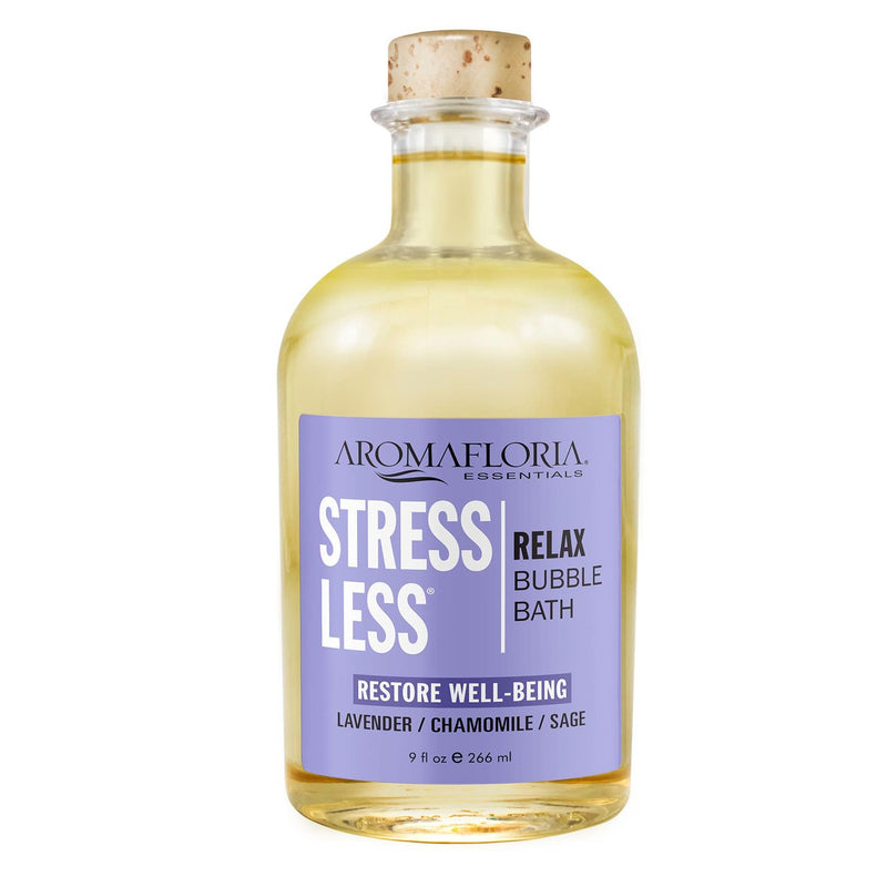 Bottle of Stress Less bubble bath with purple label and cork top