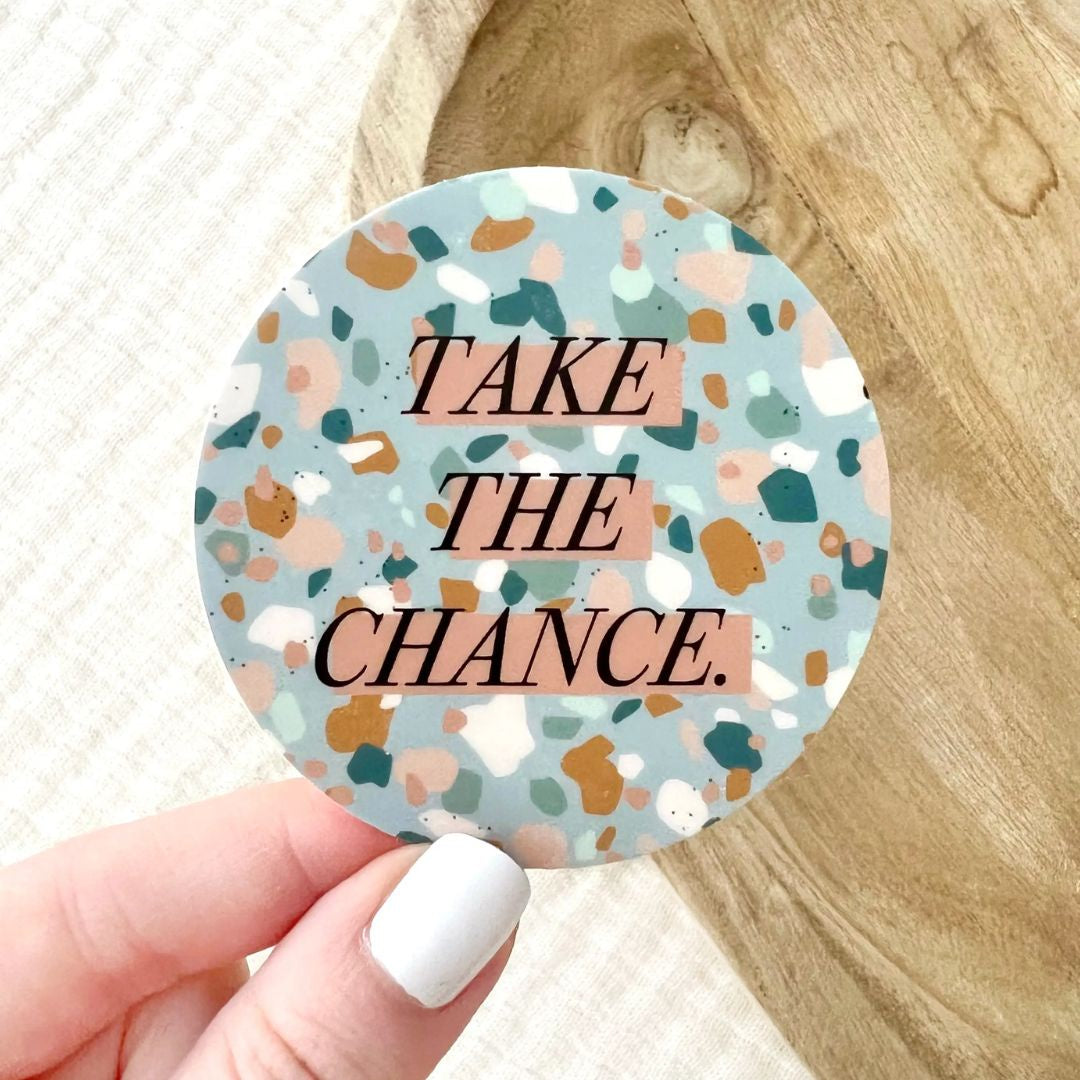 Blue, sage, and clay terrazzo background sticker "take the chance" by Elyse Breanne Designs
