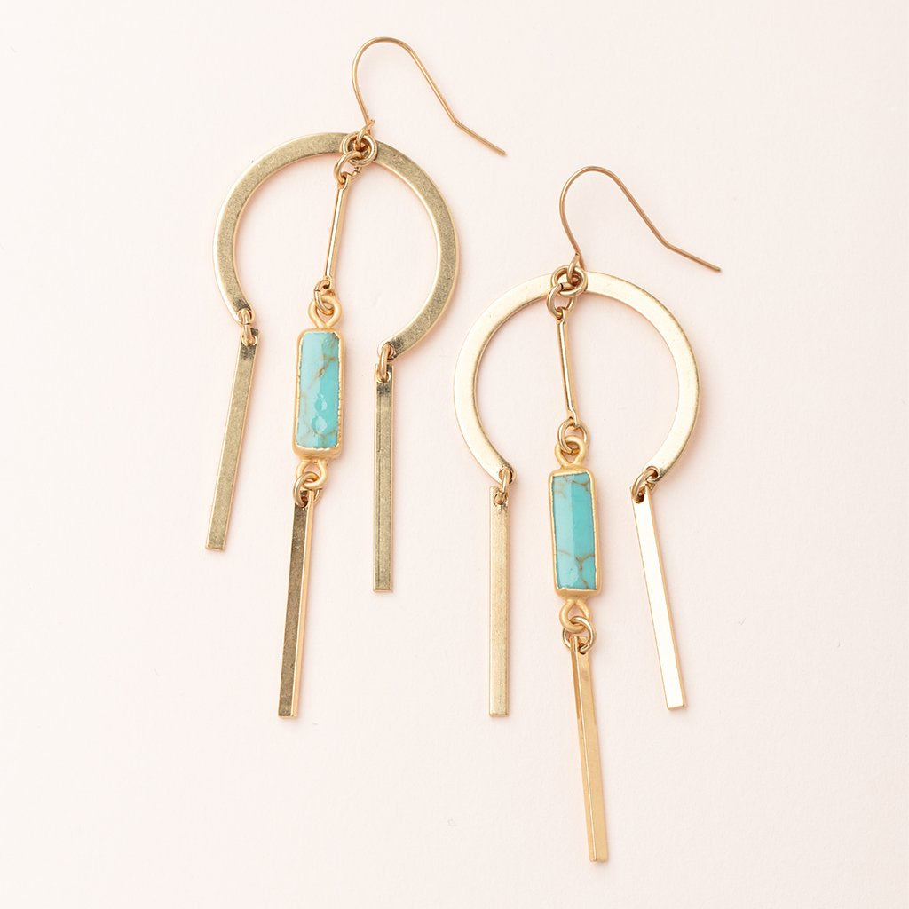 Gold earrings with a semicircle section at top with 2 gold bars hanging down from sides and a center section that dangles with a gold bar, then turquoise stone, then another gold bar