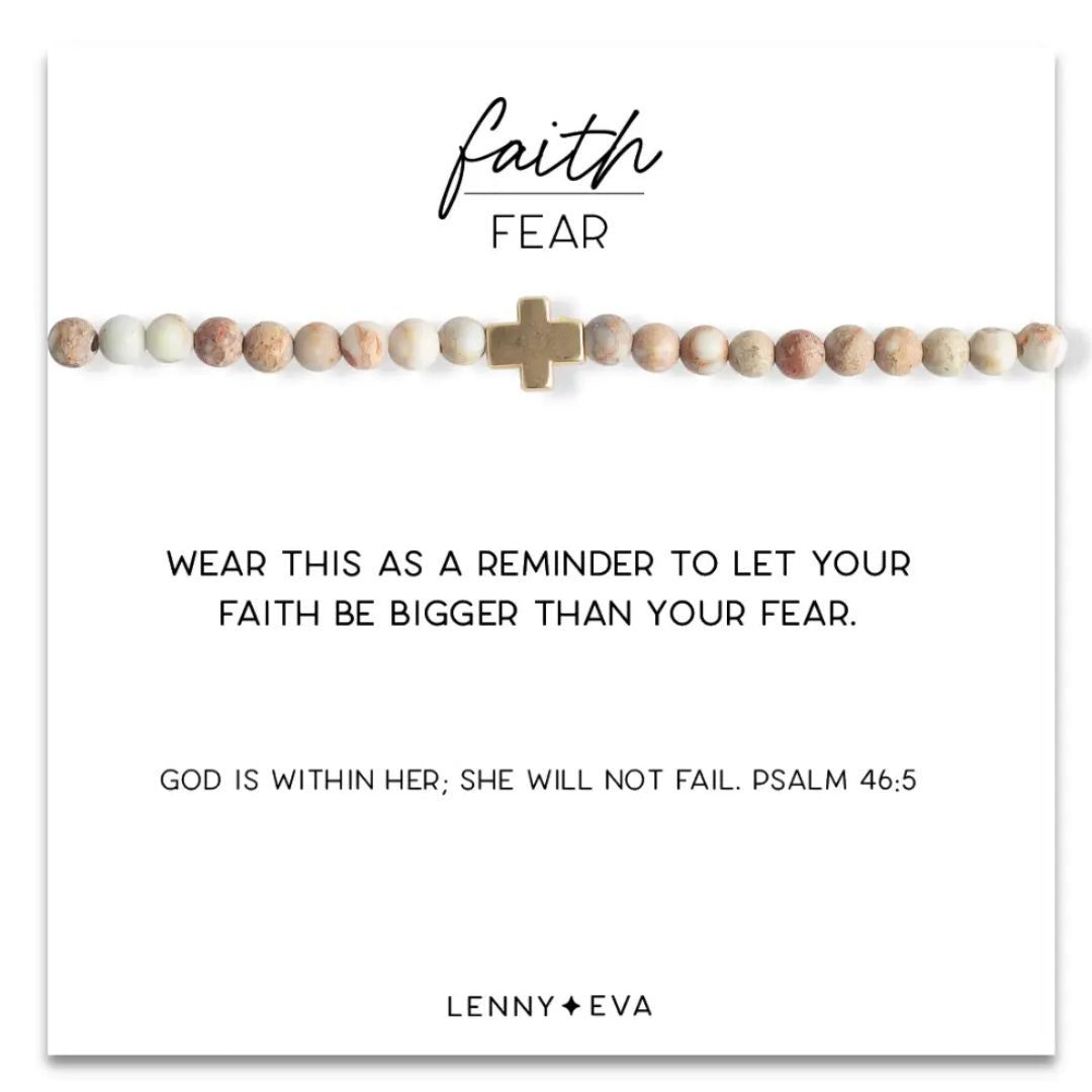 Faith Over Fear story card. "Wear this as a reminder to let your faith be bigger than your fear. God is within her; she will not fail. Psalm 46:5"