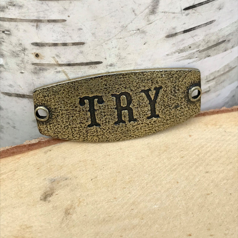 antique brass Lenny & Eva sentiment stamped with TRY
