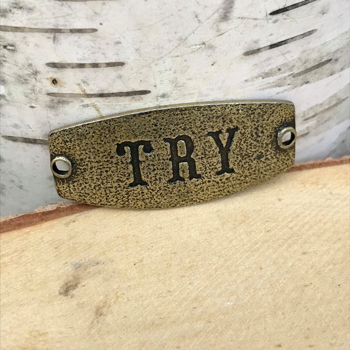 antique brass Lenny & Eva sentiment stamped with TRY