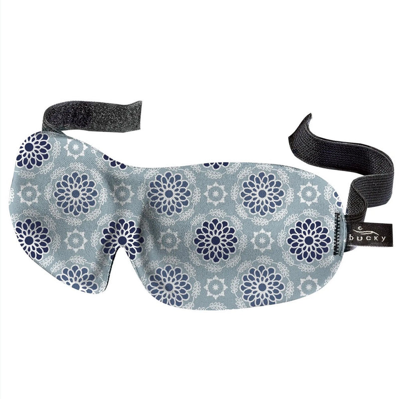 Sleep mask with light blue background and dark blue mandala design