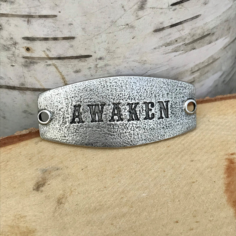 antique silver Lenny & Eva sentiment stamped with AWAKEN