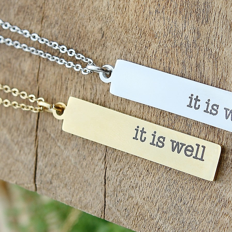 Engraved gold bar on sale necklace