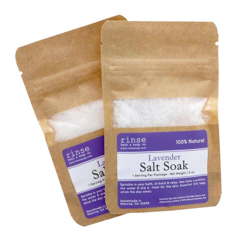 2 packets of lavender salt soak in kraft bags with purple label